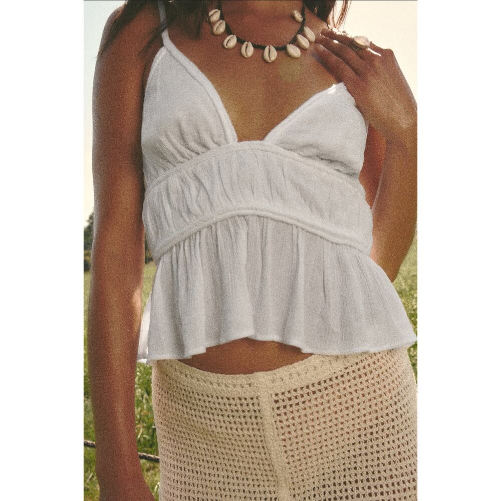 Zara Open Back Strappy Halter White Cotton Festival Summer Boho Top L